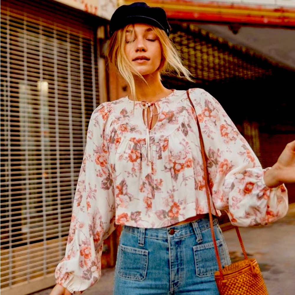 Christy Dawn Cream Floral Tie-Neck Peasant Blouse
